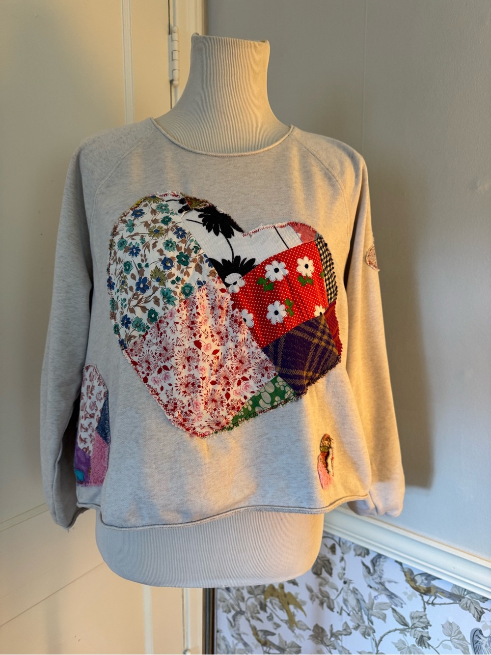 Old Navy Gey Patchwork Heart Crewneck Sweatshirt.